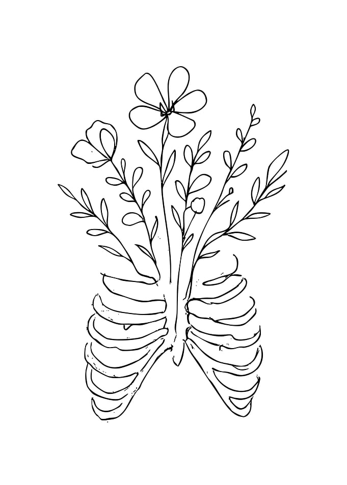 Ribcage with Flowers Line Art