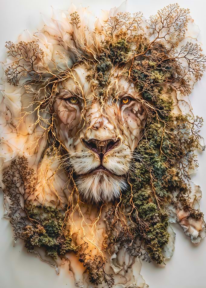 Marble Lion Head with Gold and Moss