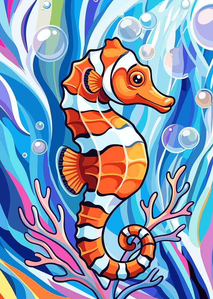 Cute Seahorse with Coral and Bubbles
