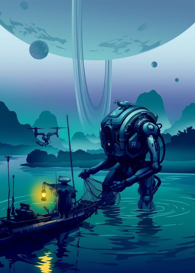 Sci-fi fishing scene with robot and planet