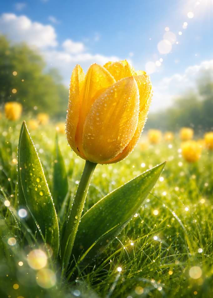 Yellow Tulip in a Dewy Field