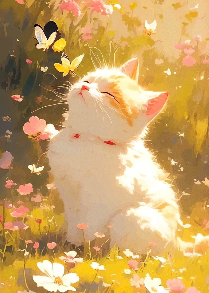 Cute kitten in a field of flowers