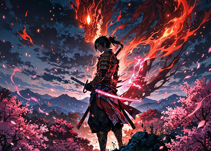 Samurai Warrior Facing Fiery Dragon