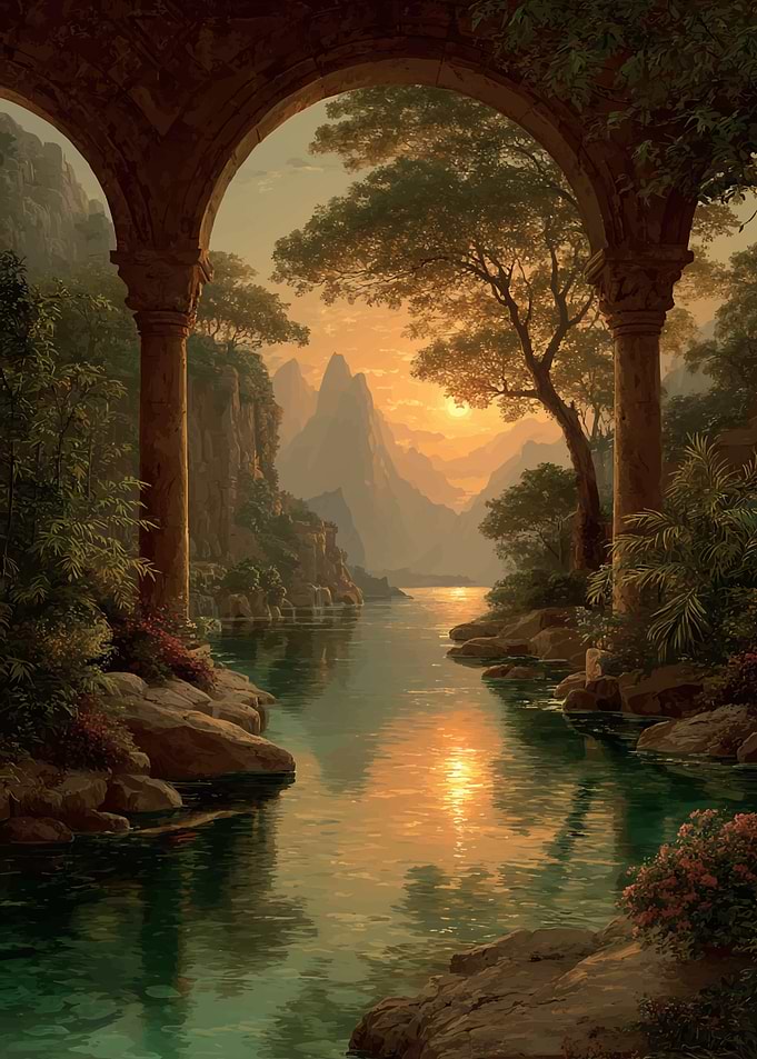 Serene River Landscape at Sunset
