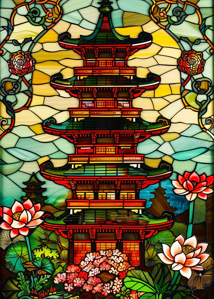 Stained Glass Pagoda and Lotus Flowers