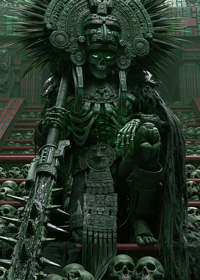 Aztec Skeleton Warrior with Skulls