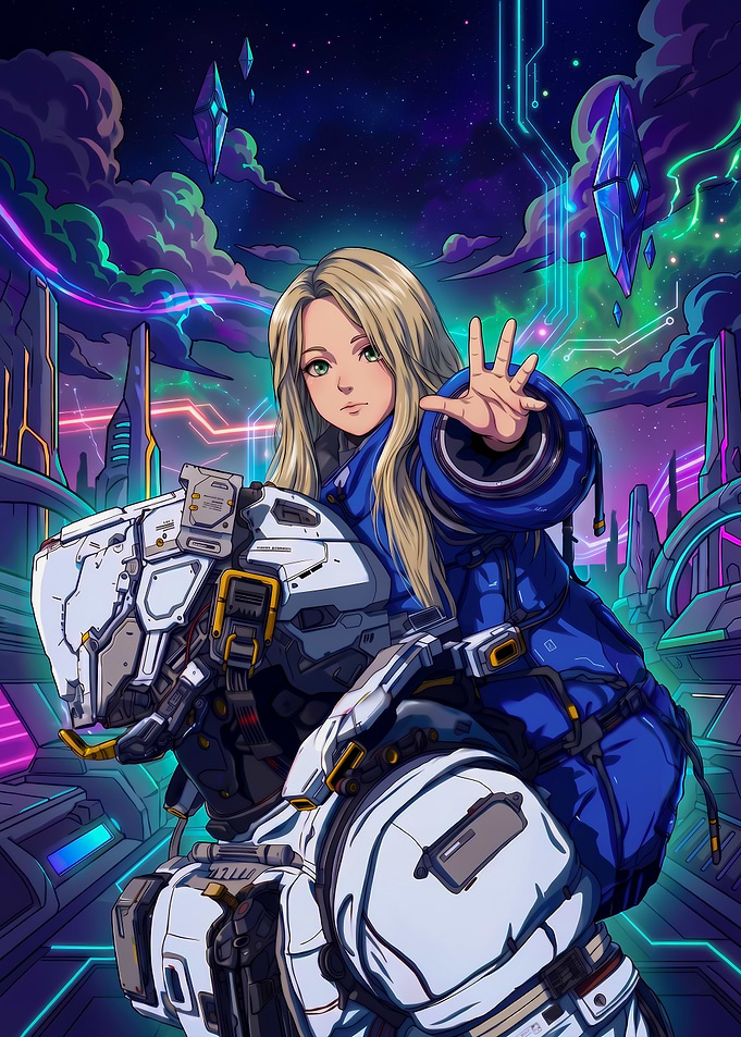 Anime Girl with Robot in Cyberpunk City