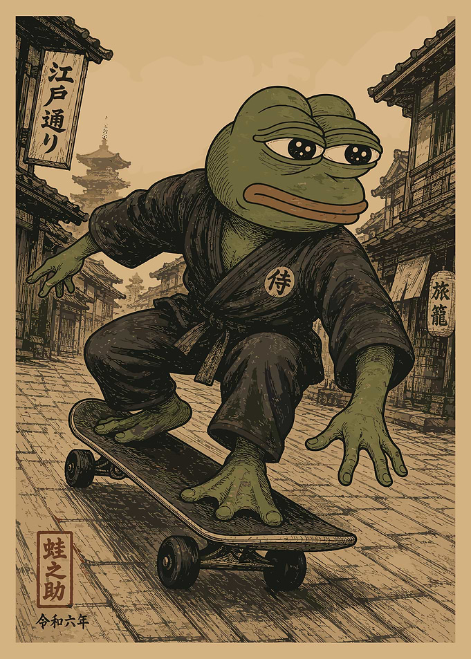 Pepe Samurai Skateboard Poster - Vintage Japanese Street Art Wall Decor