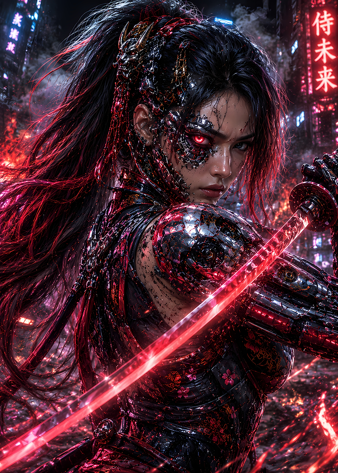 Cyberpunk Samurai Warrior with Glowing Sword