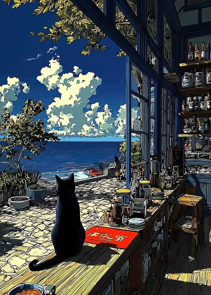 Black Cat Gazing at the Ocean