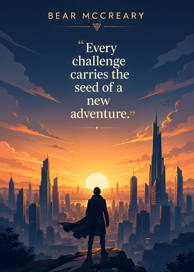 Man overlooking futuristic city at sunset