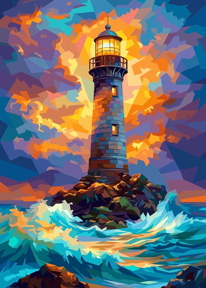 Lighthouse on Rocky Shore at Sunset