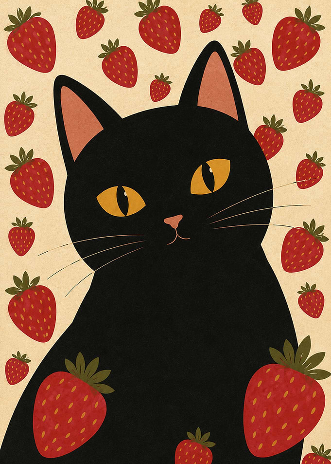 Black Cat Surrounded by Strawberries