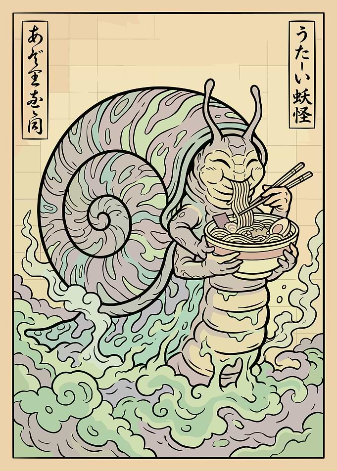 Ukiyo-e Snail Monster Ramen Poster Japanese Fantasy Wall Art Print
