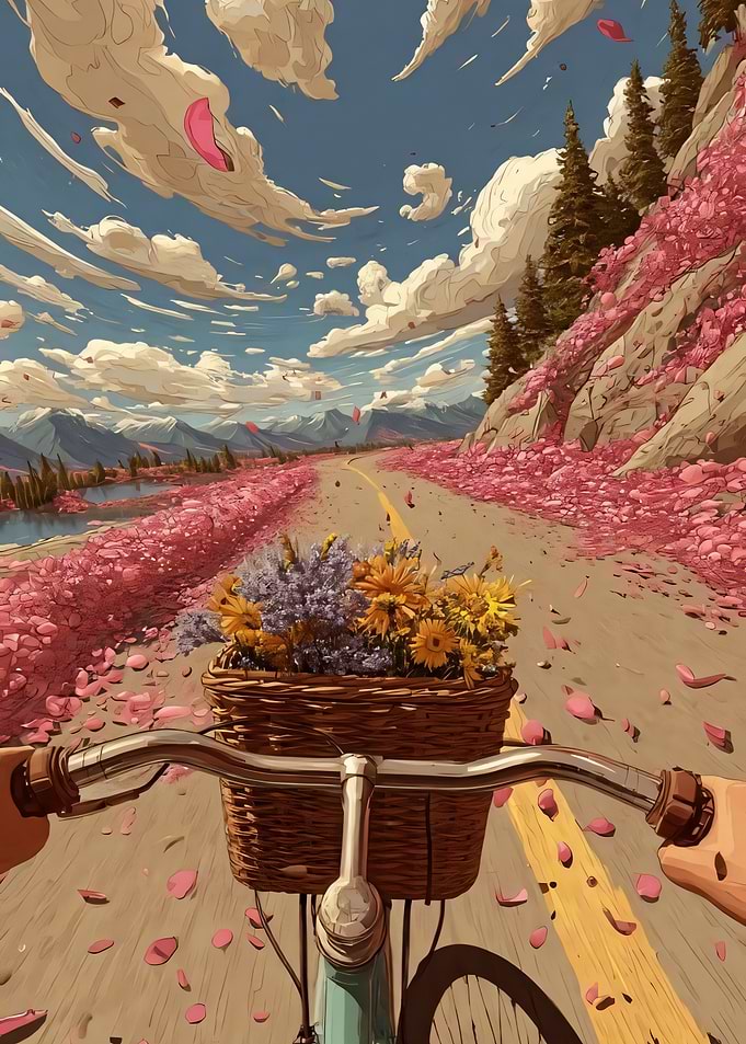 Bicycle ride through a floral landscape