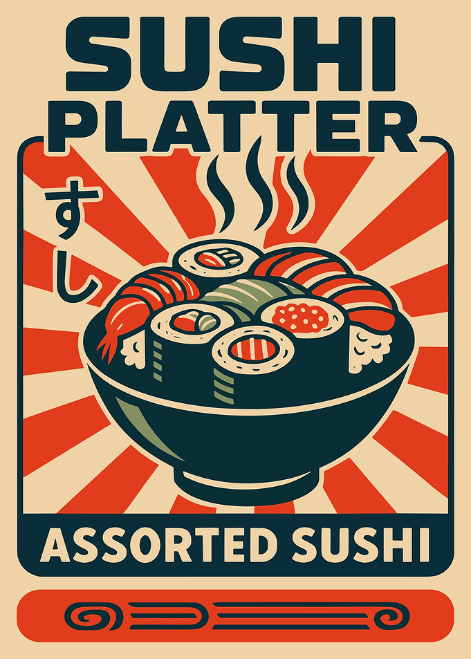 Vintage Sushi Platter Poster Japanese Food Wall Art Retro Restaurant Decor