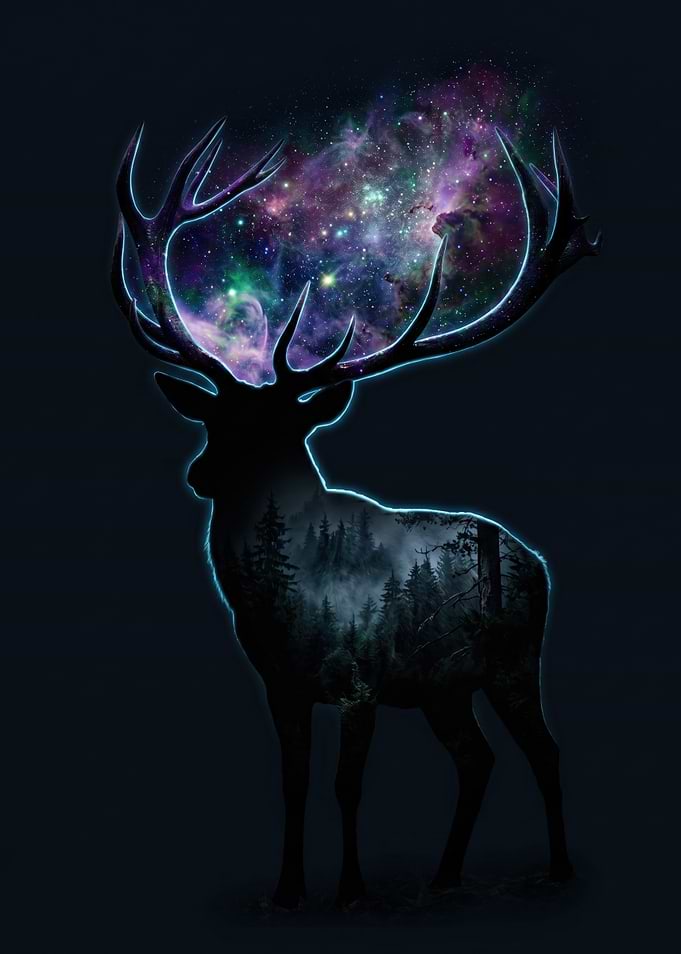 Cosmic Nebula Stag Double Exposure Pine Forest