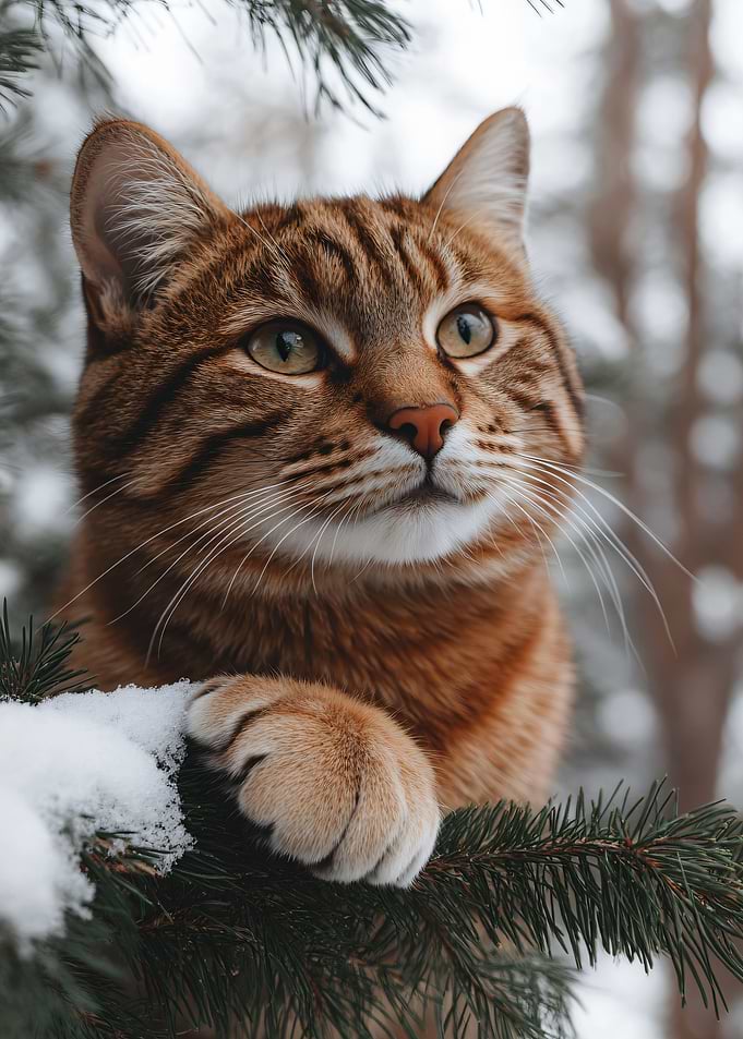 Tabby Cat in Snowy Pine Tree