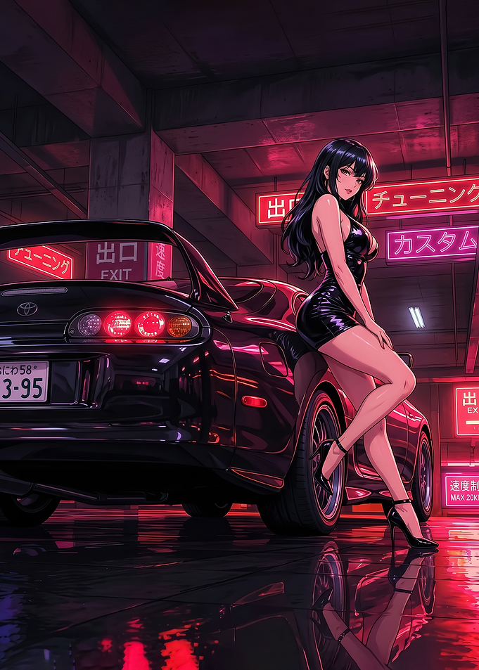Anime Girl Posing with supra mk4 Car poster
