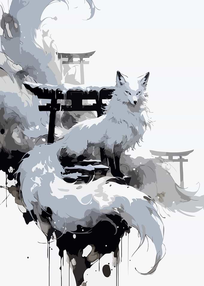 White Fox with Multiple Tails and Torii Gates