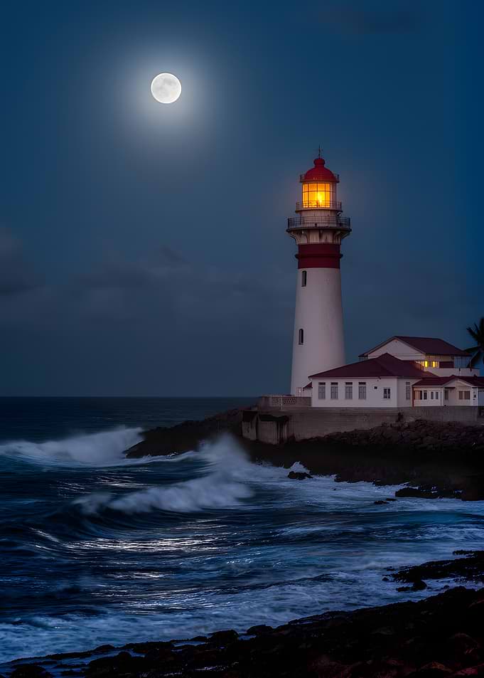 Moonlit Lighthouse on Rocky Coast