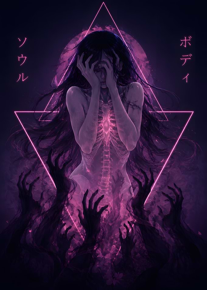 Ethereal Figure with Ribcage and Dark Hands
