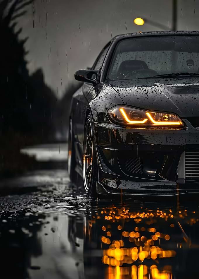 close up Black nissan silvia car in the rain