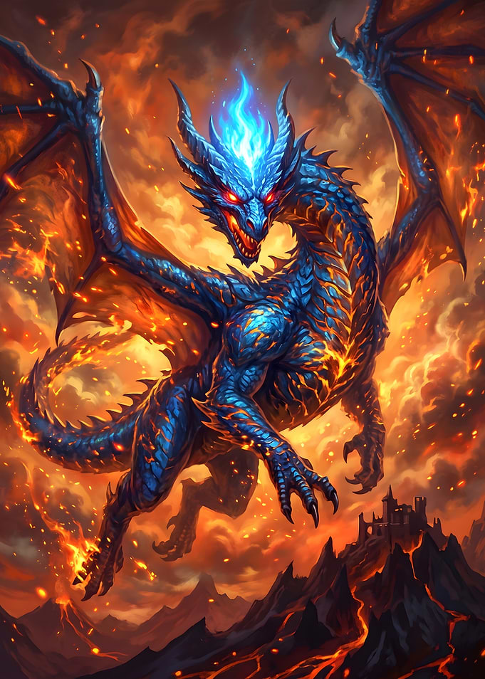 Blue Dragon Amidst Fire and Lava