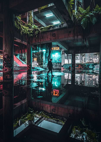 Urban decay with neon reflections