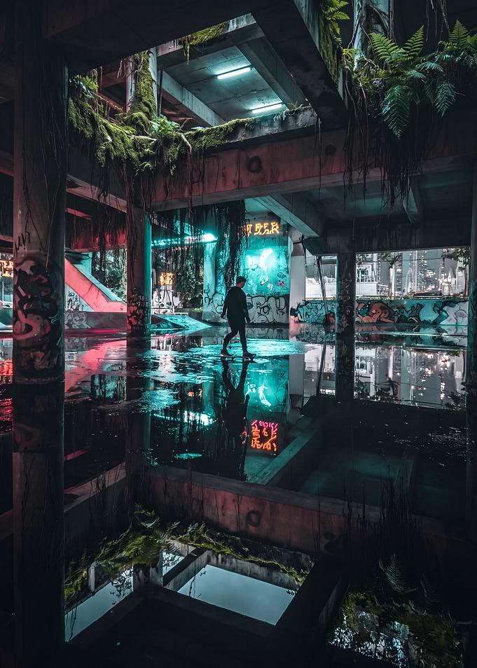 Urban decay with neon reflections