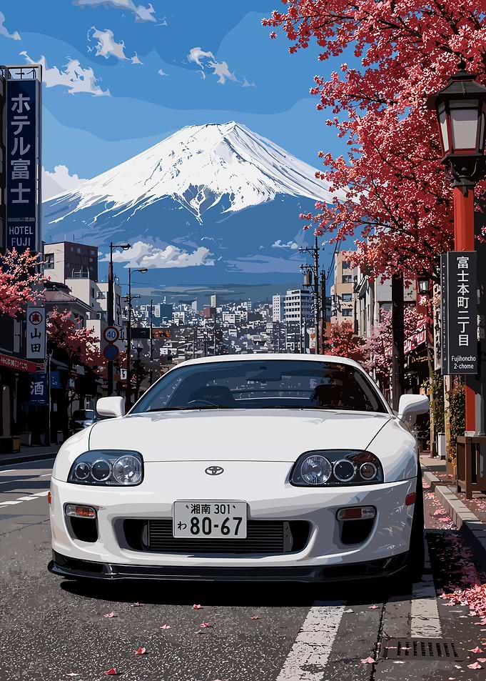 White Toyota Supra with Mount Fuji backdrop