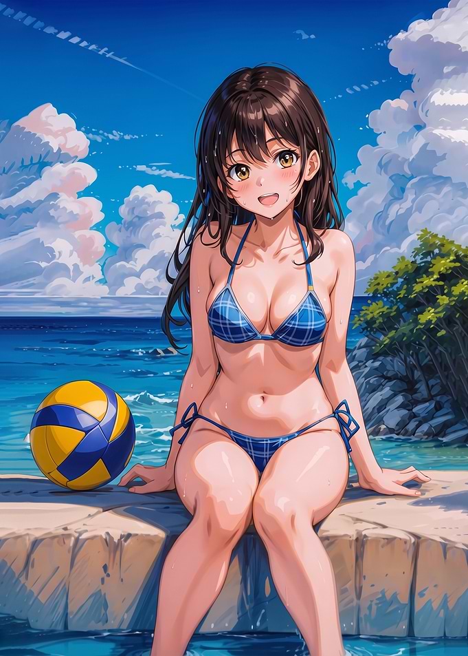 Anime Girl in Bikini at the Beach Pool Volleyball
