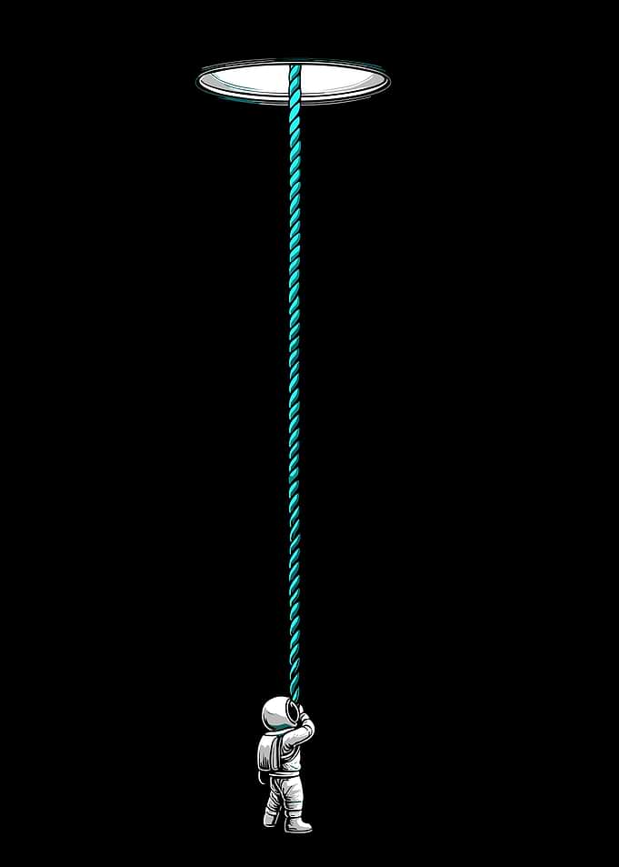 Astronaut climbing a rope
