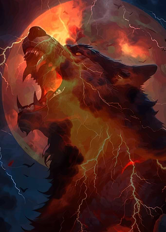 Fiery Wolf Howling Under a Blood Moon