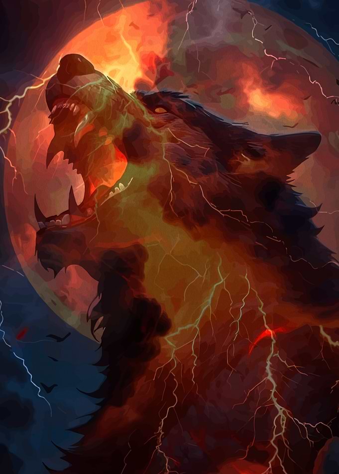 Fiery Wolf Howling Under a Blood Moon