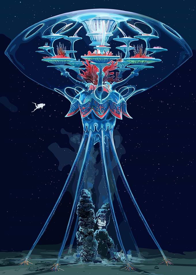 Underwater Jellyfish City with Diver