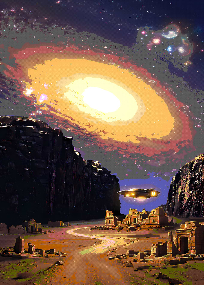 Alien Landscape with Spaceship and Galaxy Pixel Art