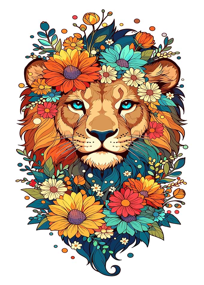 Lion adorned with vibrant flowers