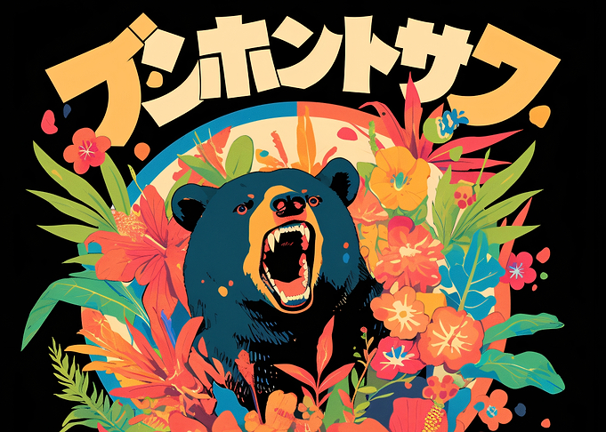 Angry Bear Surrounded by Tropical Flowers
