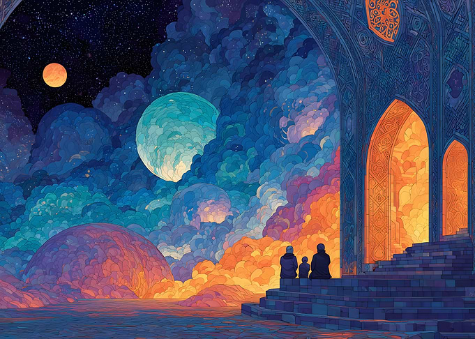 Family Gazing at Cosmic Sky
