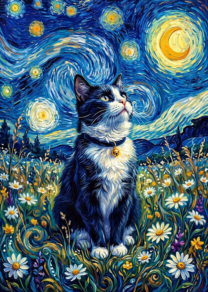 Tuxedo Cat with Golden Bell Collar in Starry Night Field