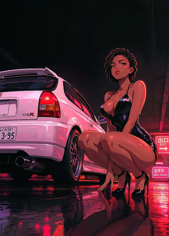 Anime Woman Posing with White Honda Civic Type R