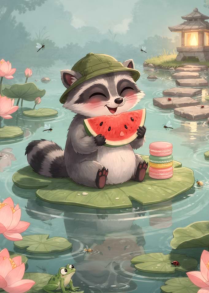 Cute Raccoon Eating Watermelon