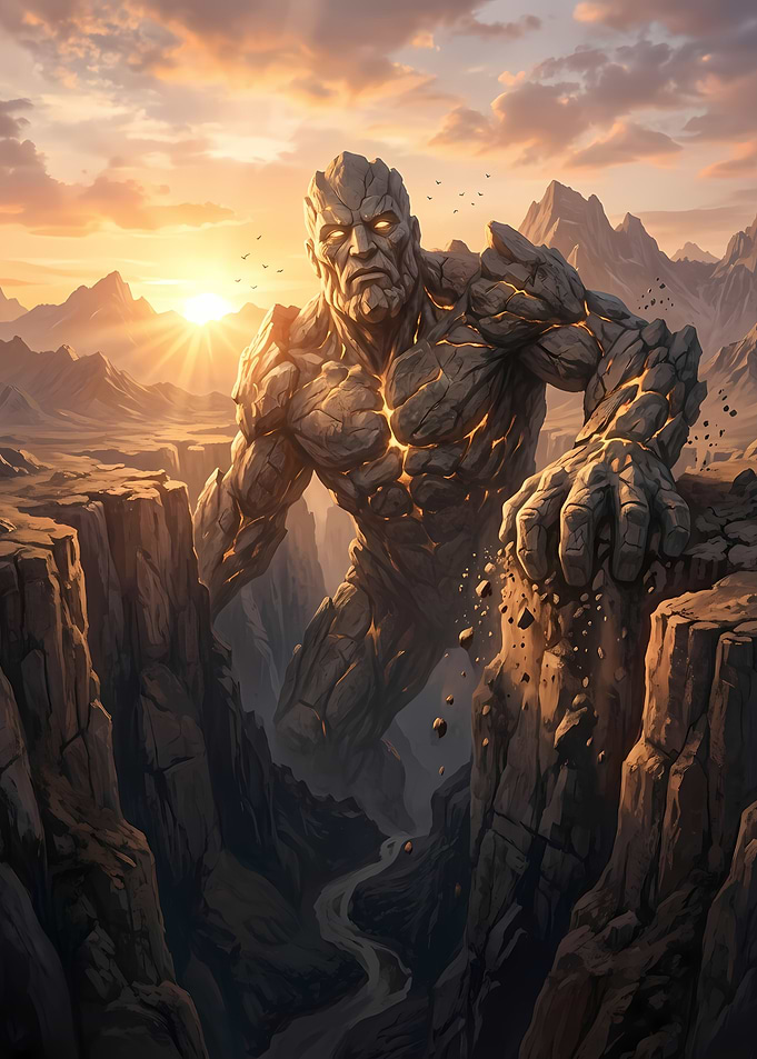 Giant Stone Golem in Canyon at Sunset