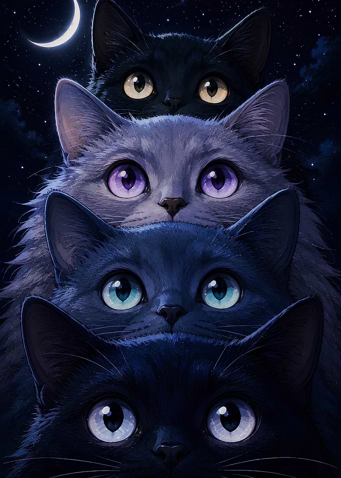 Stack of Cats Under the Moon