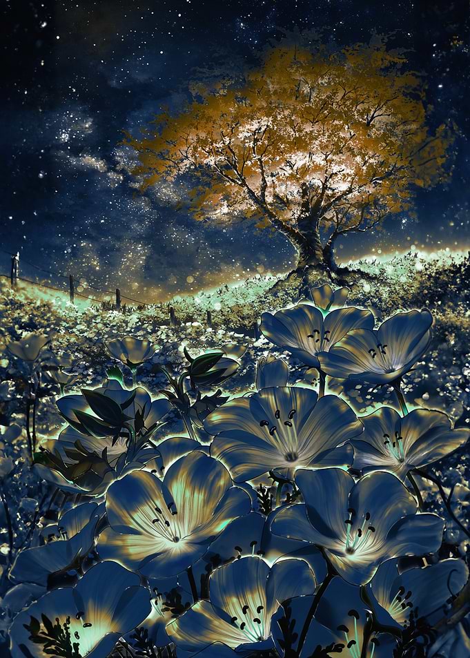Enchanted Night Garden with Tree