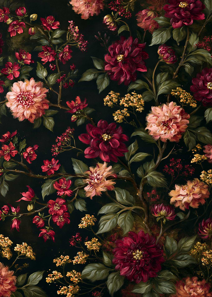 Midnight Garden – Dark Floral Oil Painting Botanical Wall Art Print