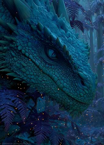 Mystical Blue Dragon in a Fern Forest