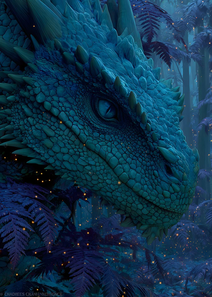 Mystical Blue Dragon in a Fern Forest