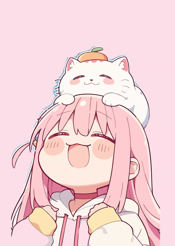 Cute Anime Girl with Cat on Head